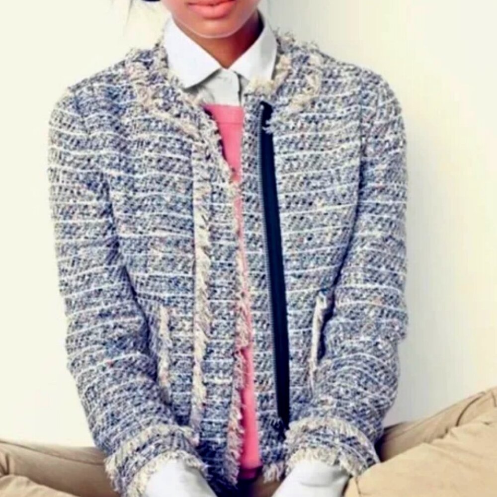J Crew Spring Tweed Fringe Jacket Navy Multicolor | 6p